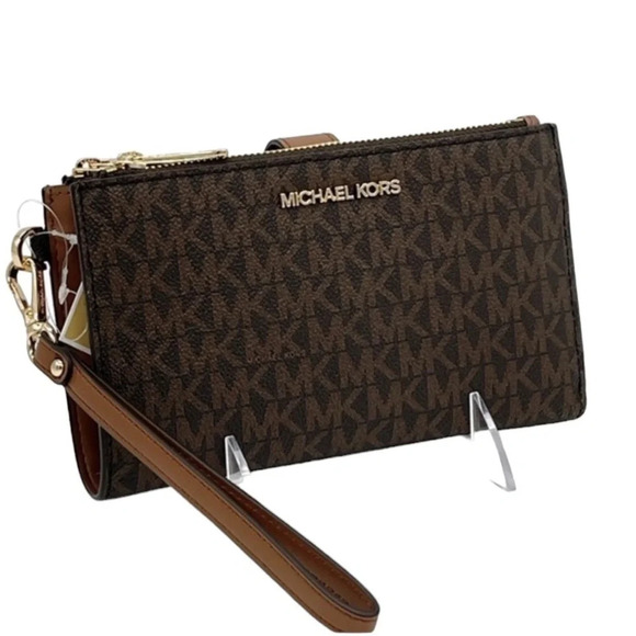 Michael Kors Large Double Zip Wallet Wristlet Brown/Gold - Picture 1 of 9